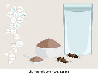 Crickets powder insects for eating as food edible processed made of cooked insect in packaging pouch bag and symbol media icon, it is good source of protein for future food and entomophagy concept.