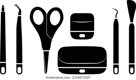 Cricut tools icons. Weeding tool, scraper tool, Cricut tweezers, scoring tool, scissors, large and small cricut scraper.