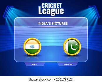 Diseño de afiches de la Liga de Criquet India con participación del equipo India vs Pakistán en una visión transparente de pantalla o vidrio y estadio azul.