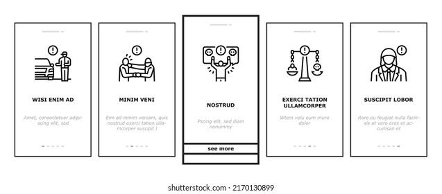 Crime Bandit Illegal Actions Onboarding Mobile App Page Screen Vector. Criminal Attempt And Conspiracy, Traffic Offense Sharing Intimate Images Without Consent, Sex Crime And Kidnapping Illustrations