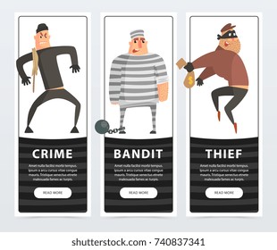 Crime, bandit, thief, criminal and convict banners cartoon vector elements for website or mobile app