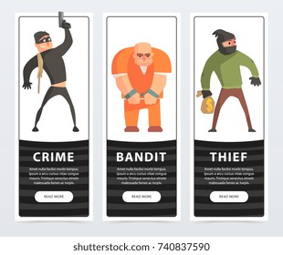 Crime, bandit, thief, criminal and convict banners cartoon vector elements for website or mobile app