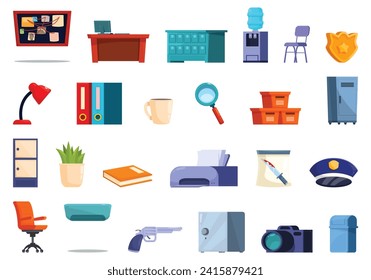 Crime bureau icons set cartoon vector. Detective room. Interior furniture