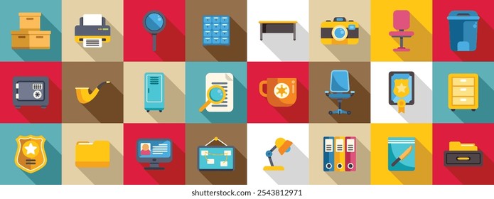 Crime bureau icons set. Flat design icons illustrating detective agency and office equipment, including desk, chair, printer, camera, mug, binders, and more