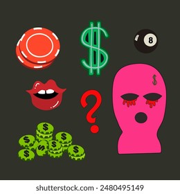 Crime and burglary. Dollar sign and pink robber mask, pile of paper and coin money. The topic of fraud. Vector illustration