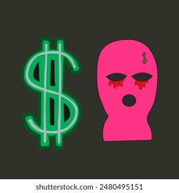 Crime and burglary. Dollar sign and pink robber mask, pile of paper and coin money. The topic of fraud. Vector illustration