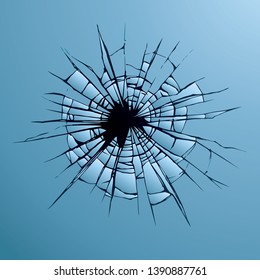Crime busted circle break blue crystal pane isolated on white backdrop. Freehand outline ink hand drawn picture sketchy in art doodle retro graphic style pen on paper. Closeup view with space for text
