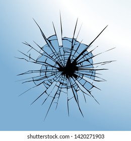 Crime busted circle break gray crystal pane isolated on white backdrop. Freehand outline ink hand drawn picture sketchy in art doodle retro graphic style pen on paper. Closeup view with space for text