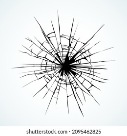 Crime busted circle break gray crystal pane isolated on white backdrop. Freehand outline ink hand drawn picture sketchy in art doodle retro graphic style pen on paper. Closeup view with space for text