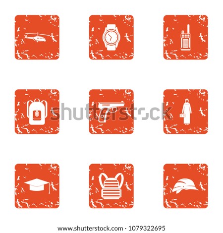 Crime challenge icons set. Grunge set of 9 crime challenge vector icons for web isolated on white background