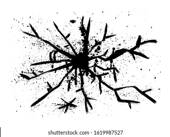 Crime circle break crystal pane isolated on white backdrop. Freehand outline black ink hand drawn picture sketchy in doodle retro graphic style brush on paper. Grunge hand-drawn dirty splashes style.