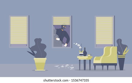 Crime commitment, housebreak flat vector illustration. Dangerous thief with crowbar, robber in ski mask cartoon character. Disguised criminal breaking through window, apartment burglary, robbery