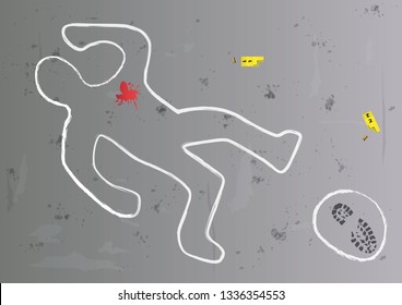 Crime concept with top view crime scene showing the silhouette of the victim traced on the ground with footprints, sockets and blood.