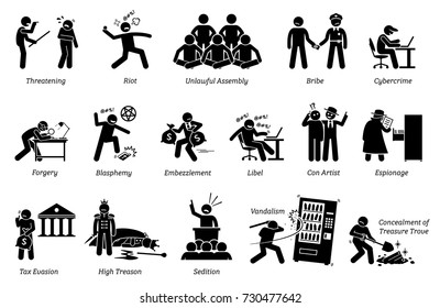 Crime and Criminal. Pictogram depicts various criminal activities that includes violent, unlawful assembly, riot, scam, sedition, libel, sedition, and vandalism. 