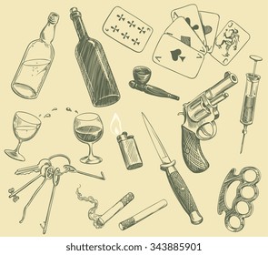 Crime. Design set. Hand drawn engraving. Vector vintage illustration. 8 EPS 