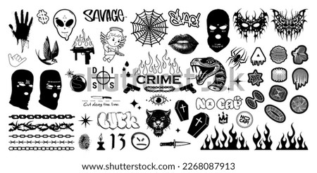 Crime elements, graphic set gang tattoo, brutalism elements, trendy urban symbols, y2k, abstract geometric shapes, gangsta tattoo. Typographic, t-shirt, streetwear, prints underground graphic box.