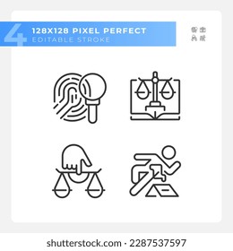 Crime evidences performing in court pixel perfect linear icons set. Investigation of accident. Law system. Customizable thin line symbols. Isolated vector outline illustrations. Editable stroke