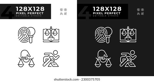 Evidencias criminales que realizan en el píxel de corte iconos lineales perfectos para el modo oscuro y claro. Investigación de accidentes. Símbolos delgados para la noche, tema del día. Ilustraciones aisladas. Trazo editable