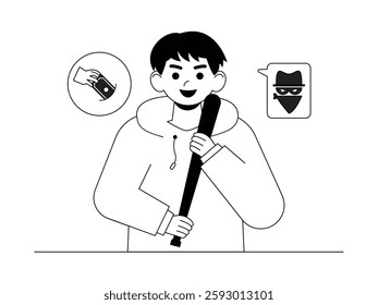 Crime in the form of theft with violence, semi outline style, black and white, social issues vector illustration.