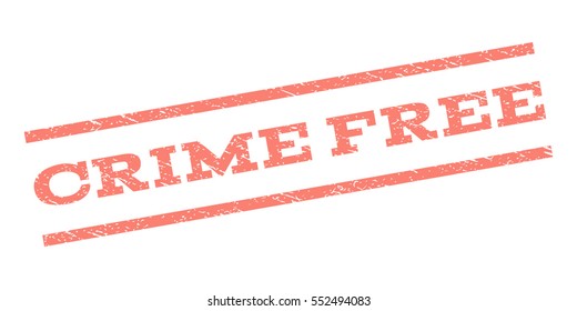 Crime Free watermark stamp. Text tag between parallel lines with grunge design style. Rubber seal stamp with dust texture. Vector salmon color ink imprint on a white background.