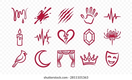crime horror and blood splatter doodle handmade ink scribble flat line art vector illustration icon bundle set calligraphy drawing design scary thriller elements collection