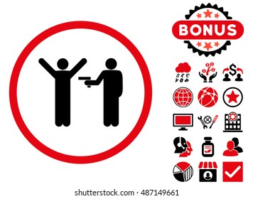 Crime icon with bonus elements. Vector illustration style is flat iconic bicolor symbols, intensive red and black colors, white background.