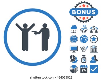 Crime icon with bonus pictogram. Vector illustration style is flat iconic bicolor symbols, smooth blue colors, white background.