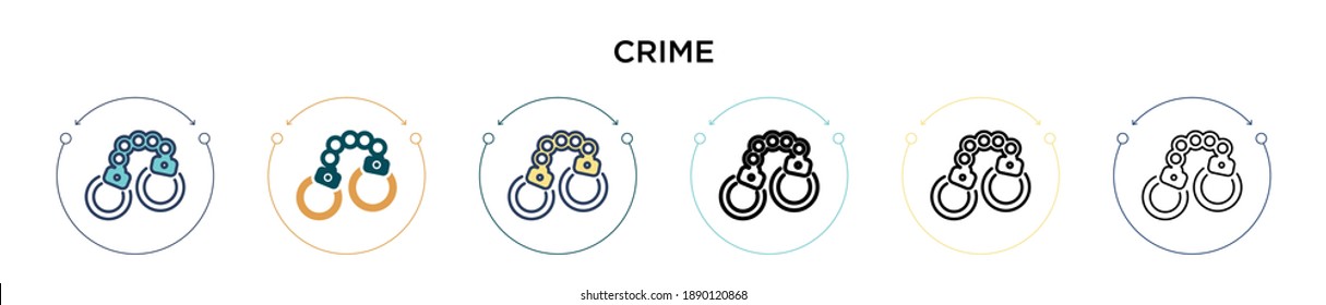 Crime icon in filled, thin line, outline and stroke style. Vector illustration of two colored and black crime vector icons designs can be used for mobile, ui, web