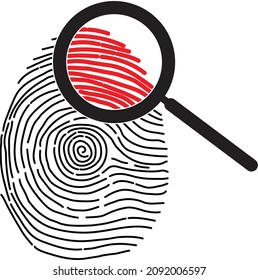Icono del crimen sobre fondo blanco. Señal de evidencia. huella digital con símbolo de lupa. estilo plano.