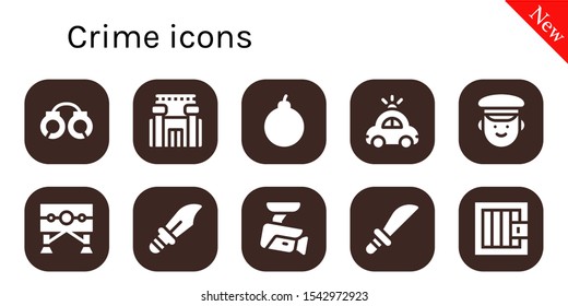 crime icon set. 10 filled crime icons.  Collection Of - Handcuffs, Prison, Attack, Police car, Police, Guillotine, Dagger, Cctv, Weapons, Jail icons