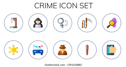 crime icon set. 10 flat crime icons.  Simple modern icons about  - gallow, sheriff, hacker, police car, handcuffs, detective, weapon, weapons, hacking