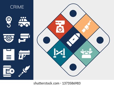 crime icon set. 13 filled crime icons.  Simple modern icons about  - Bullet, Hacker, Weapon, Scale, Gun, Surveillance, Cctv, Police car, Rifle, Police line