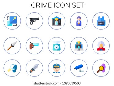 crime icon set. 15 flat crime icons.  Simple modern icons about  - scale, weapon, gun, police, judge, police vest, detective, dagger, policeman, security camera