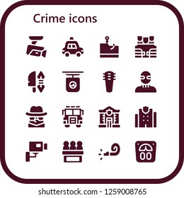  crime icon set. 16 filled crime icons. Simple modern icons about  - Cctv, Police car, Phishing, Bulletproof vest, Weapon, Scale, Weapons, Burglar, Detective, Jury, Police, Police station