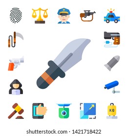 crime icon set. 17 flat crime icons.  Collection Of - fingerprint, weapon, gun, dagger, hacker, bullet, security camera, auction, scale, hacking, policeman, rifle, police car