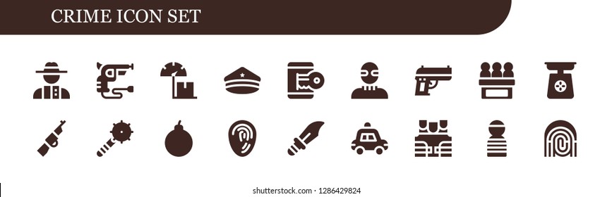  crime icon set. 18 filled crime icons. Simple modern icons about  - Detective, Revolver, Scale, Police hat, Hacker, Burglar, Gun, Jury, Rifle, Weapon, Attack, Fingerprint, Dagger