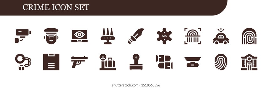 crime icon set. 18 filled crime icons.  Collection Of - Security camera, Police, Spy, Weapon, Dagger, Sheriff, Fingerprint, Police car, Handcuffs, Scale, Gun, Scales, Bullets icons