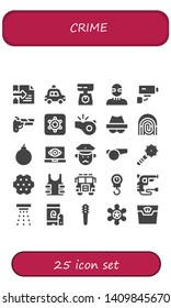 crime icon set. 25 filled crime icons.  Simple modern icons about  - Hacker, Police car, Scale, Burglar, Security camera, Gun, Hidden camera, Whistle, Fingerprint, Attack, Spy