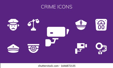 crime icon set. 9 filled crime icons.  Simple modern icons such as: Cctv, Surveillance, Scale, Police hat, Policeman, Handcuffs, Police