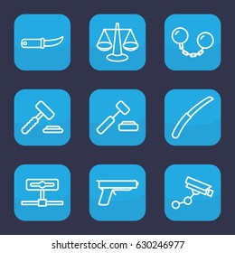 Crime icon. set of 9 outline crime icons such as security camera, gardening knife, ball chain, gun, auction hummer, scales