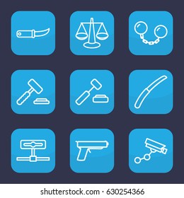 Crime icon. set of 9 outline crime icons such as security camera, gardening knife, ball chain, gun, auction hummer, scales