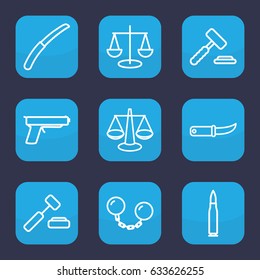 Crime icon. set of 9 outline crime icons such as gardening knife, ball chain, bullet, gun, auction hummer