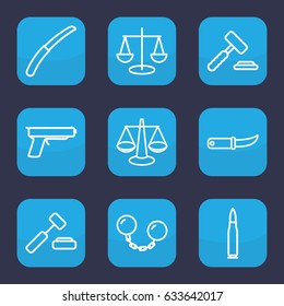 Crime icon. set of 9 outline crime icons such as gardening knife, ball chain, bullet, gun, auction hummer