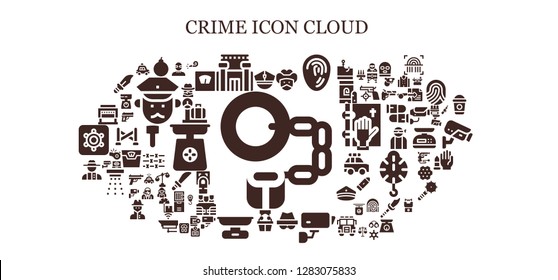  crime icon set. 93 filled crime icons. Simple modern icons about  - Handcuffs, Police, Attack, Prison, Bandit, Fingerprint, Hacker, Cctv, Witness, Scale, Detective, Guillotine