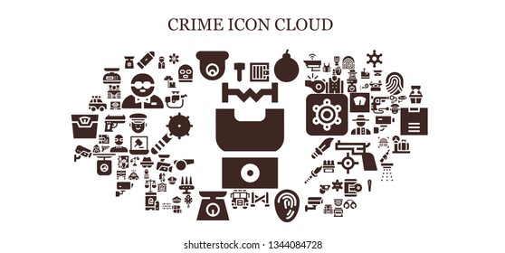 crime icon set. 93 filled crime icons.  Simple modern icons about  - Stun gun, Mallet, Bullet, Cctv, Jail, Attack, Police line, Fingerprint, Jury, Scale, Police car, Policeman