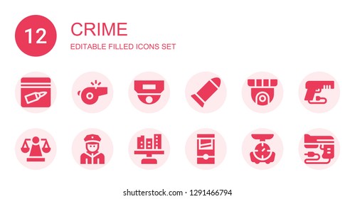 crime icon set. Collection of 12 filled crime icons included Evidence, Whistle, Cctv, Bullet, Scale, Policeman, Guillotine, Gun