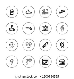 Crime icon set. collection of 16 outline crime icons with cctv, courthouse, dagger, detective, evidence, handcuffs, frappe, judge, gun, killer mask, police car, police icons.
