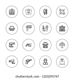 Crime icon set. collection of 16 outline crime icons with cctv, detective, hacker, law, gun, pistol, police, revolver, scale, robbery, spy icons.
