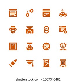 crime icon set. Collection of 16 filled crime icons included Prison, Jail, Judge, Bullet, Weapons, No weapons, Scale, Ransomware, Handcuffs, Balance, Heisenberg, Police car, Evidence