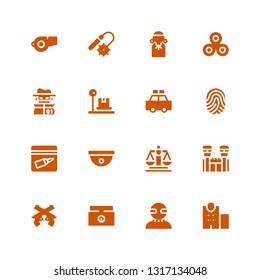crime icon set. Collection of 16 filled crime icons included Police station, Criminal, Weighing scale, Pistol, Jail, Justice, Cctv, Evidence, Fingerprint, Police car, Scale, Hacker
